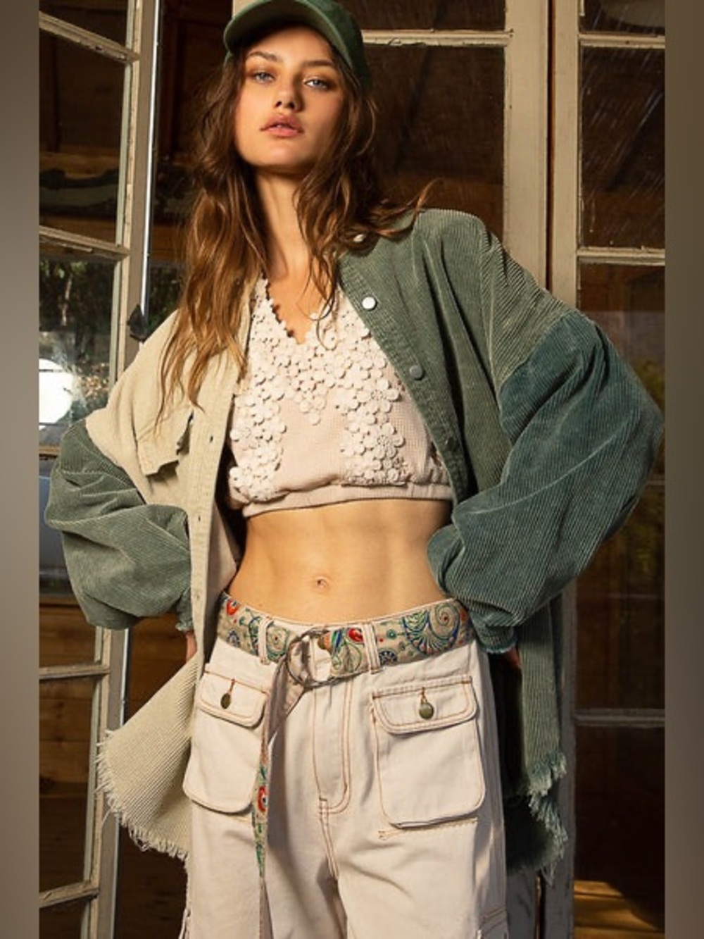 POL Colorblock Corduroy Oversized Shacket Sage Jade Cream Boho Large - Picture 2 of 9